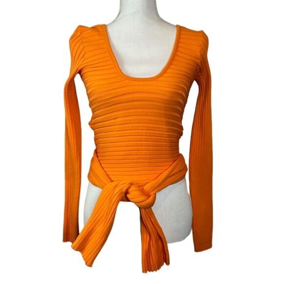 Tibi Tech Poly Ribbed Wrap Super Stretchy Sweater Orange Tie Knot Size Medium - Picture 7 of 14